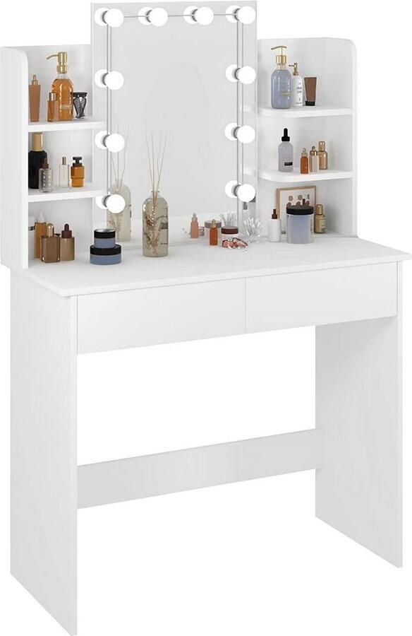 Rootz Living Rootz moderne kaptafel in Hollywood-stijl kaptafel met verstelbare LED-verlichting make-upbureau ruime opbergruimte duurzaam eenvoudig onderhoud hout met melamine afwerking 90 cm x 135 cm x 40 cm