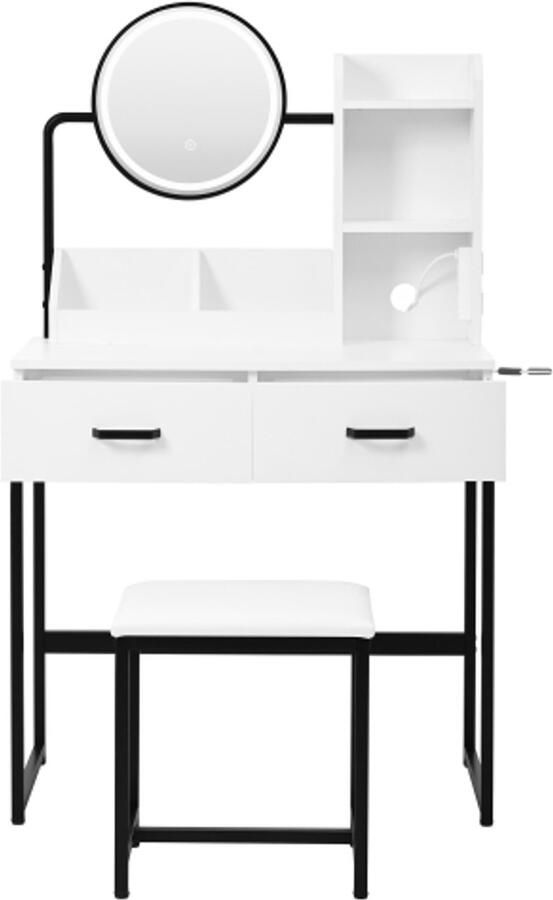 Moderne kaptafel met ledverlichting draaibare spiegel en stopcontacten – inclusief kruk en zwarte metalen poten – 2 lades + 2 open planken wit afmetingen: 80×138 5×40 cm (B×H×D)