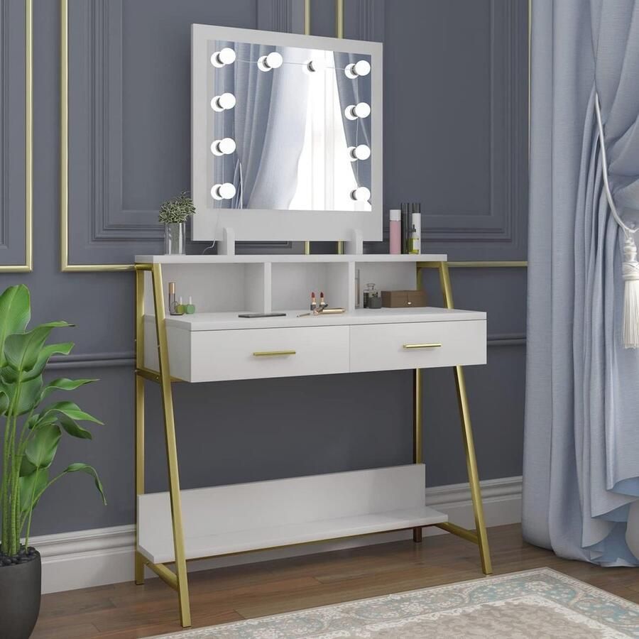Moderne Kaptafel met Spiegel en LED Verlichting Elegante Make-up Tafel met Lades en Opbergvakken