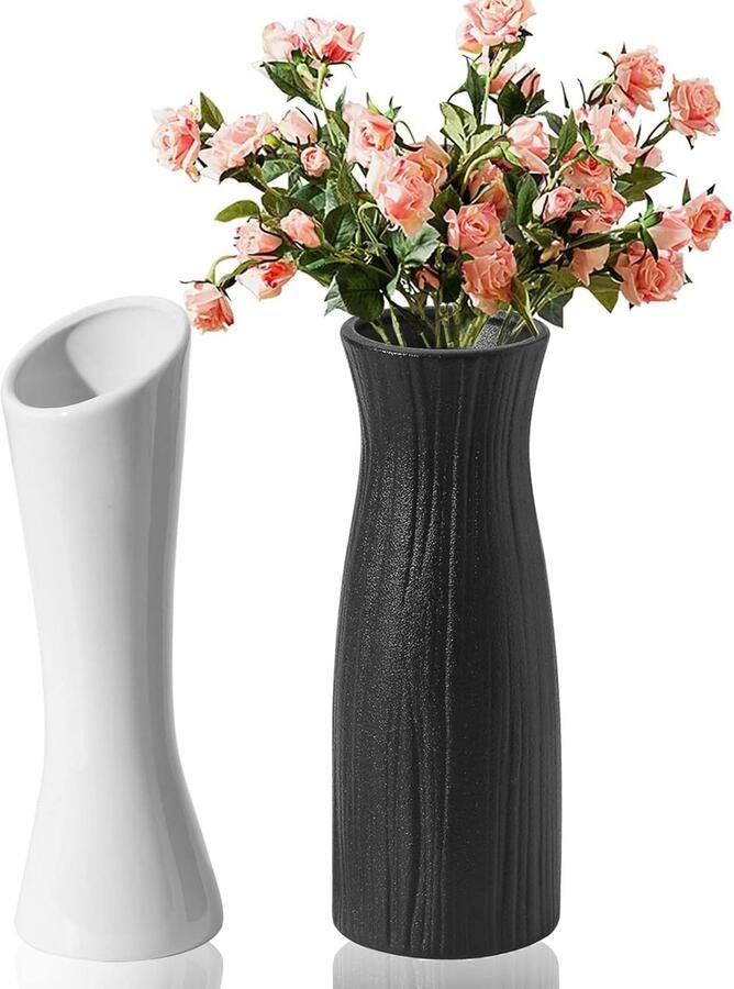 Moderne Keramische Bloemenvaas Set van 2 Zwart 21cm voor Pampasgras en Tafel Decoratie
