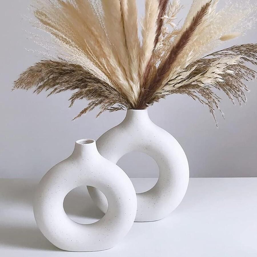 Moderne Keramische Vaas Set voor Pampas Gras 2 stuks Wit Groot+Medium Decoratieve Donut Vazen voor Tafel Boekenplank Openhaard Woonkamer Slaapkamer Kantoor Feest Perfect Cadeau