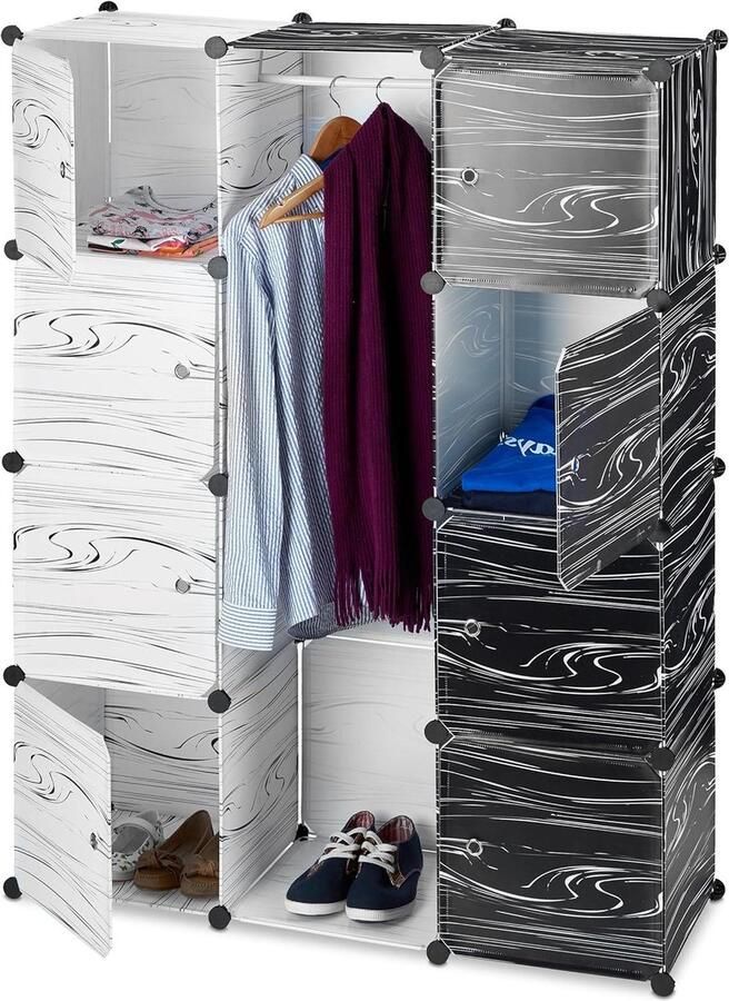 Moderne kledingkast van kunststof met 9 vakken HxBxD 145 x 110 x 37 cm Groot en zwart-wit kledingkast