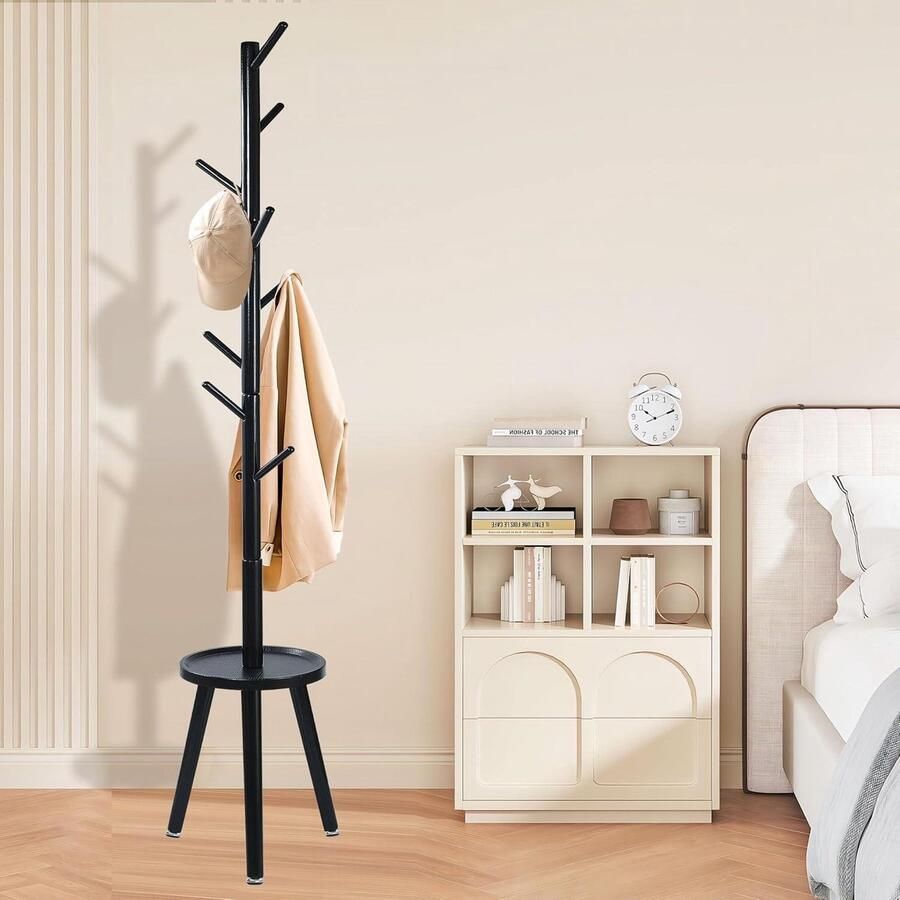 Moderne Kledingstandaard voor de Vloer met Plank en Jasboom Hoeden- en Kledingrek van Hout 355 x 355 x 182 cm Zwart