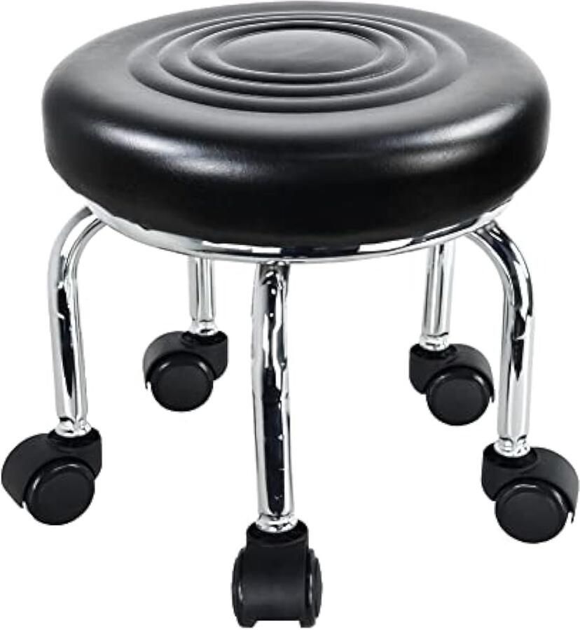 Moderne kleine rollende kruk PU lederen rolzitting 360 ° draaibaar lage ronde kruk met universele wielen voor thuis massage tuin kantoor garage winkel fitness sport H: 30 5 cm (zwart)