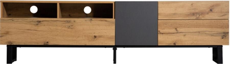 GOTAGEE Moderne kleurblokkerende tv-kast met houtnerf 180cm Geen handvat grote opbergruimte twee laden. Houtkleur en zwarte kleur