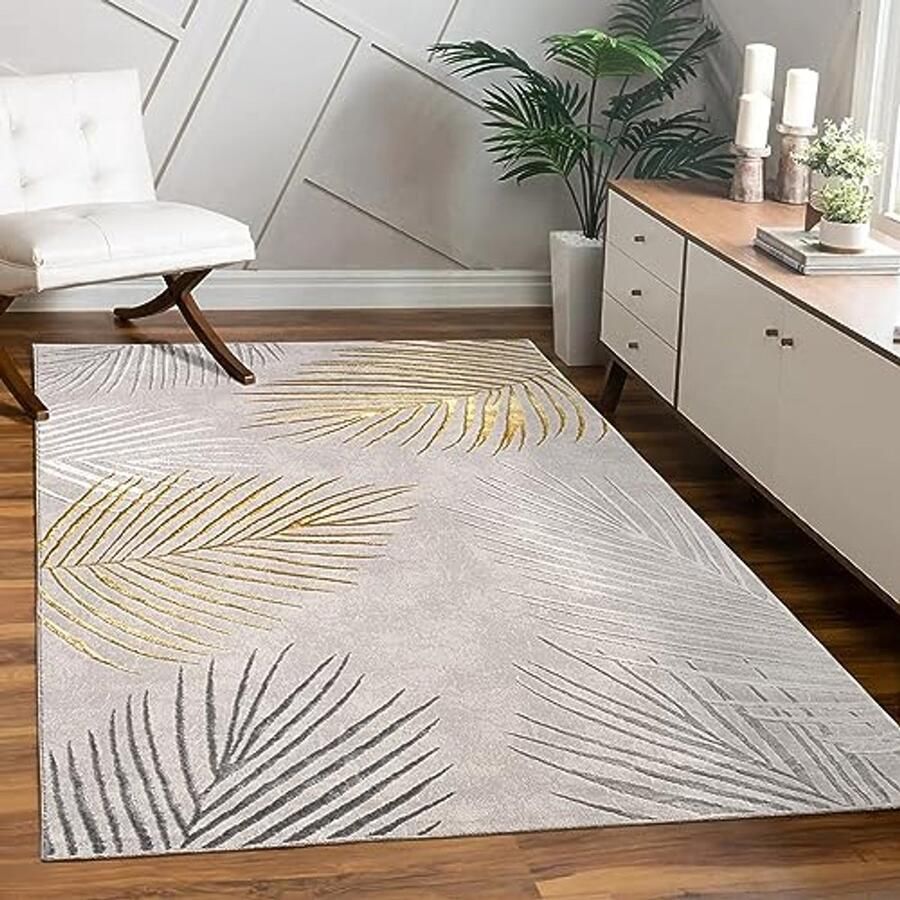 Moderne Korte Pool Vloerkleed met Palm- en Geometrische Patronen 240x340cm Goud