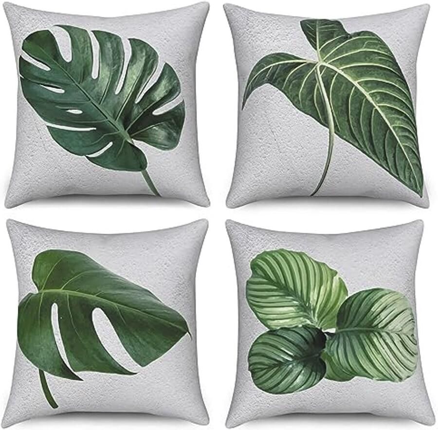 Moderne Kussenslopen Set van 4 40 x 40 cm Groen en Wit met Bladeren Wasbaar en Ademend voor Bank en Buiten