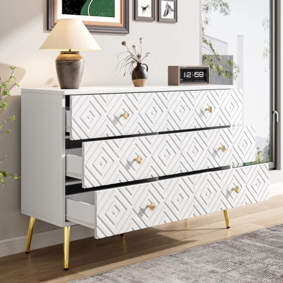 Moderne ladekast met 6 laden – 120x40x80cm – Elegant wit met goud – Perfect voor slaapkamer en woonkamer