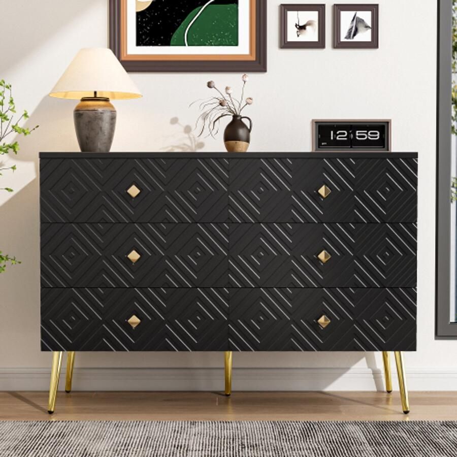 Moderne ladekast met 6 laden – 120x40x80cm – Elegant zwart met goud – Metalen poten voor stabiliteit – Perfect voor slaapkamer en woonkamer