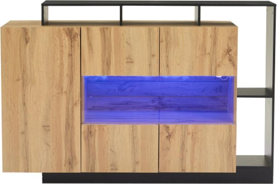 Modern LED-dressoir glazen eetkastje in originele houten kleur MDF LED-eetkamerkast voor woonkamer met Bluetooth-besturingsled eetkamer kast