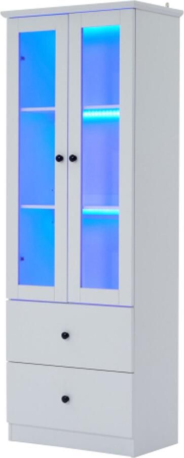 GOTAGEE Moderne LED-vitrinekast in mat wit 165 cm hoog met USB-aansluiting 16-kleuren afstandsbediening glazen vitrinekast met 2 laden verticale vitrinekast met verstelbare planken vitrinekast met dubbele deuren MDF woonkamer