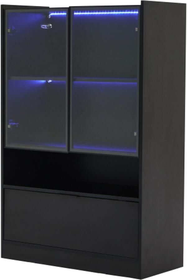 GOTAGEE Moderne LED vitrinekast zwart mat hoogte 120cm met 16-kleurige LED verlichting glazen vitrinekast staande vitrinekast met verlichting woonkamerkast met glazen deuren en klep spaanplaat vitrinekast