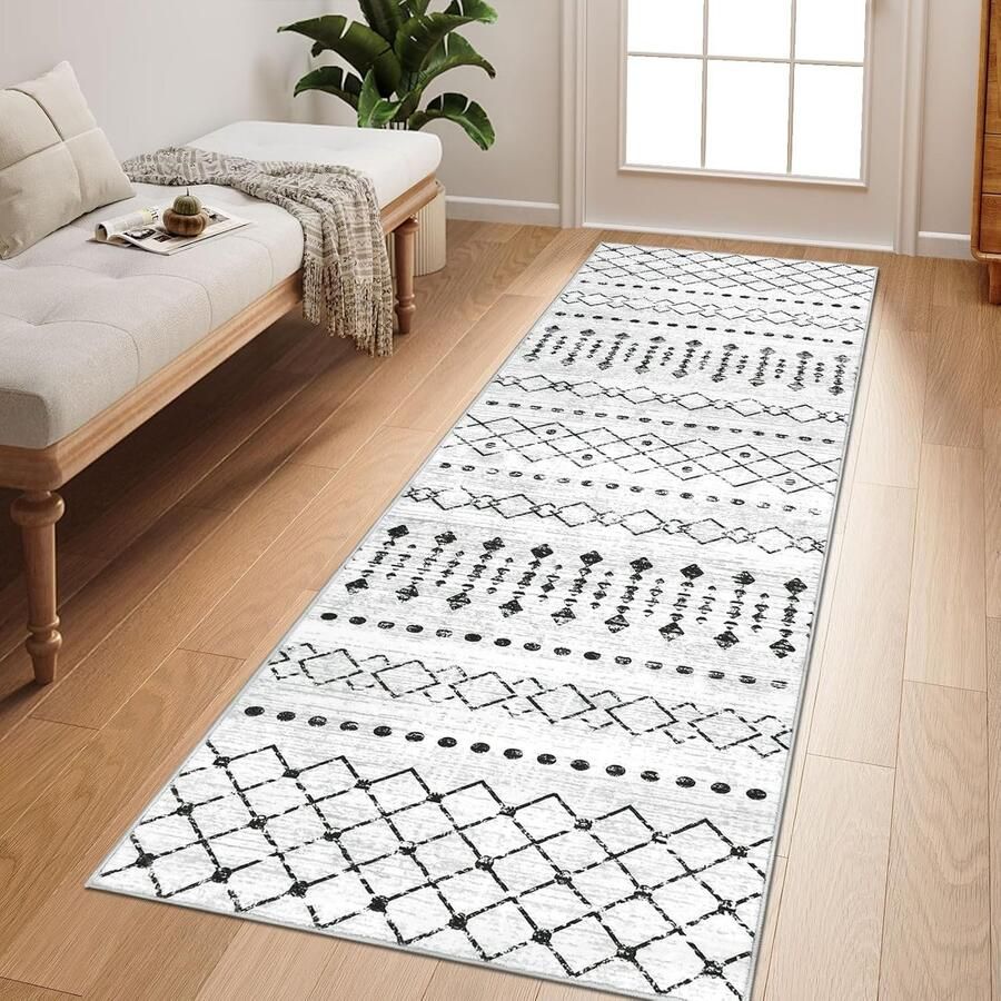 Moderne Loper Tapijt Wasbaar Vloerkleed 1 stuk Grijs Wit 65x180 cm