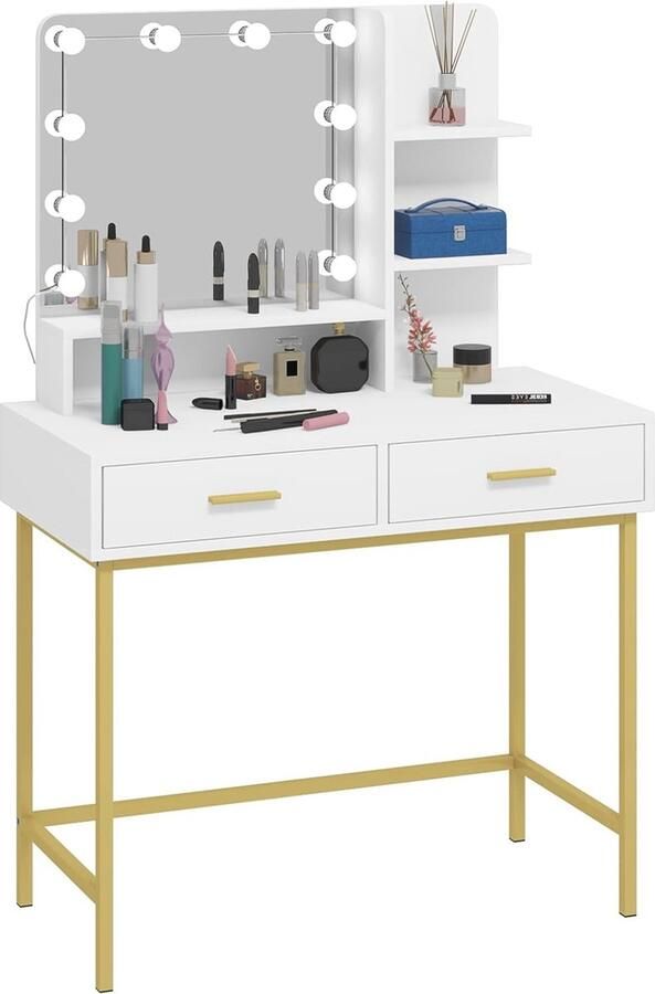 Moderne make-uptafel met spiegel en LED-verlichting Witte kaptafel met gouden details en opbergruimte