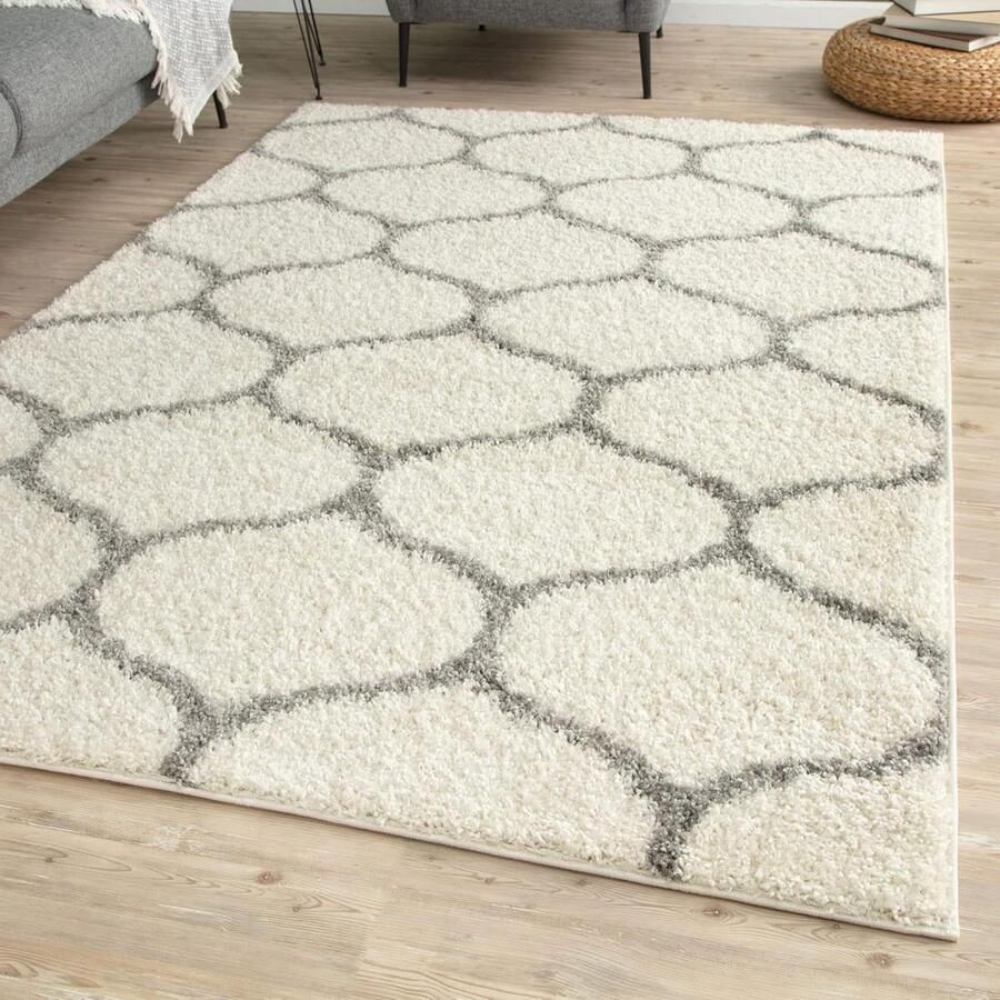 Moderne Marokkaanse designtapijten hoogpolig vloerkleed voor woonkamer slaapkamer hal 3 cm dik trellis ivoor grijs 80 x 150 cm