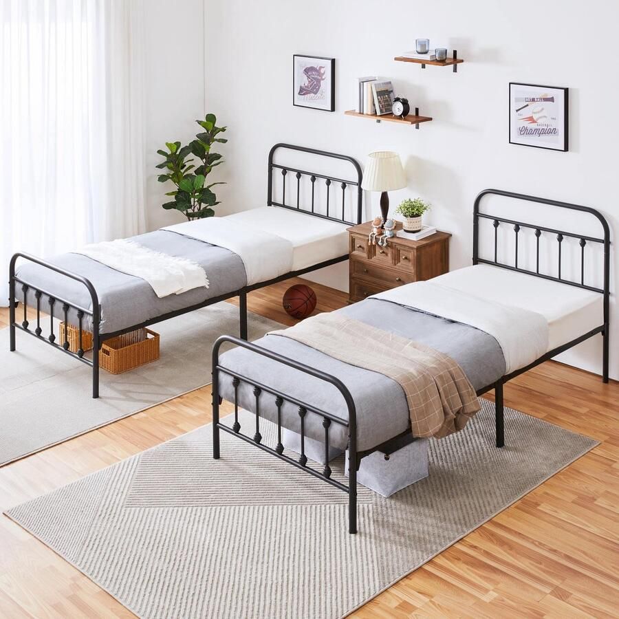 Set van 2 moderne bedframe metalen bed eenpersoonsbed bedframe van metaal met lattenbodem modern logeerbed tienerbed zwart 90 x 200 cm