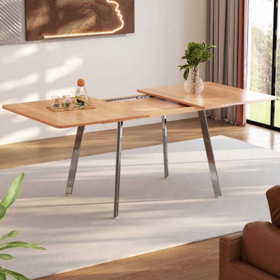 Moderne minimalistische uitschuifbare eettafel in elegante natuurlijke kleur met zilverkleurige verchroomde poten 140 cm x 80 cm uitschuifbaar tot 180 cm onderstel van zeer sterke legering geschikt voor 4-6 personen