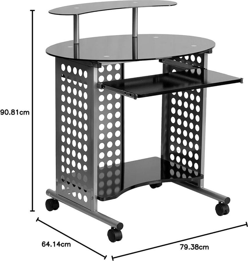 Moderne mobiel computerbureau zwart glas zilver frame 1 stuk