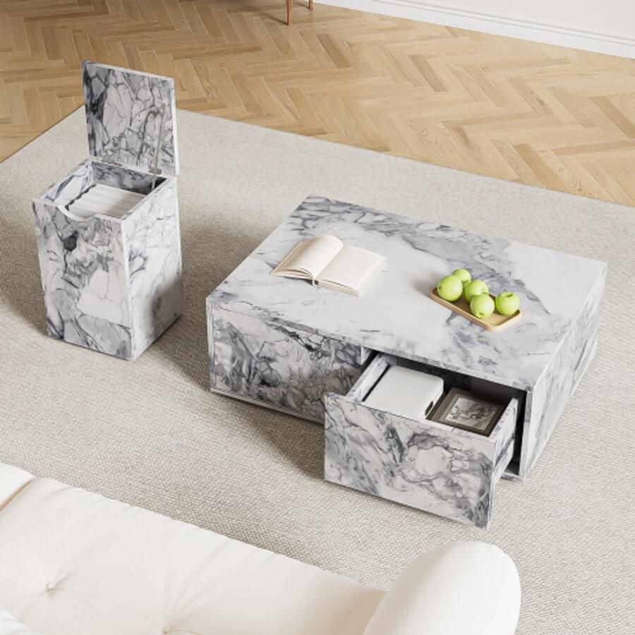 Steven Moderne modulaire woonkamersalontafel in marmerlook bijtafel salontafelset sofa-bijtafel en balkon 2-stuk set