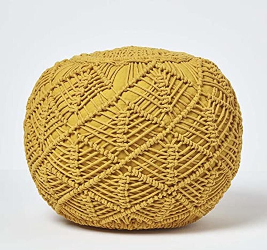 Moderne mosterdgele macramé poef 35 cm hoog 100% katoen