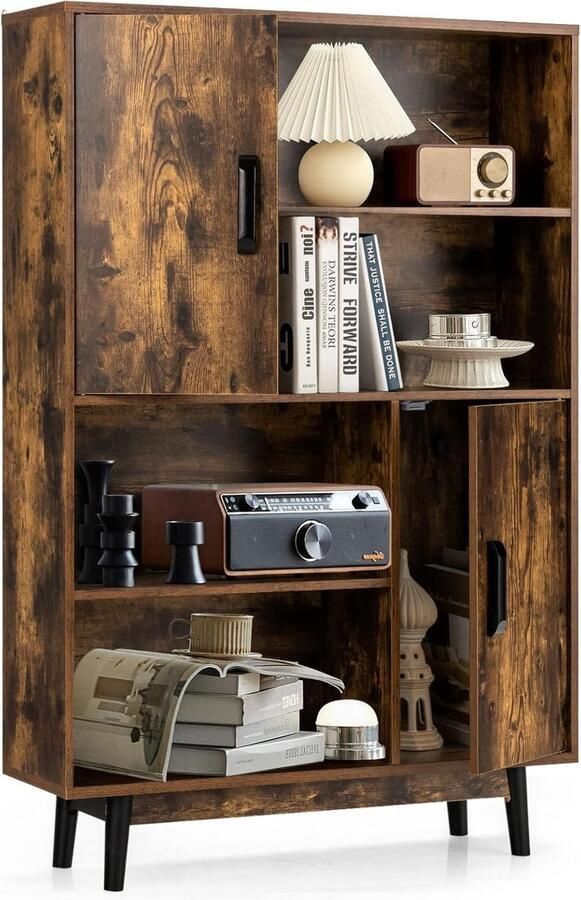 Moderne multifunctionele dressoir met 2 deuren en 4 open planken Vintage stijl 80 x 24 x 119 5 cm