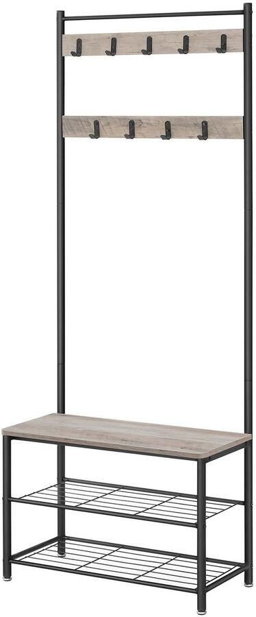 Moderne multifunctionele kapstok met schoenenbank en dubbel metalen schoenenrek 9 afneembare haken stevig stalen frame geschikt voor hal slaapkamer of entree 32 x 70 x 175 cm grijs en zwart