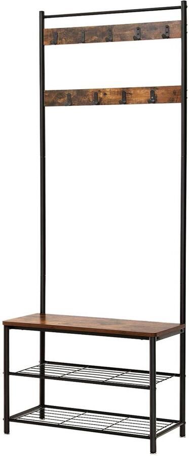 Moderne multifunctionele kapstok met schoenenbank en dubbel metalen schoenenrek 9 afneembare haken stevig stalen frame geschikt voor hal slaapkamer of entree 32 x 70 x 175 cm bruin en zwart