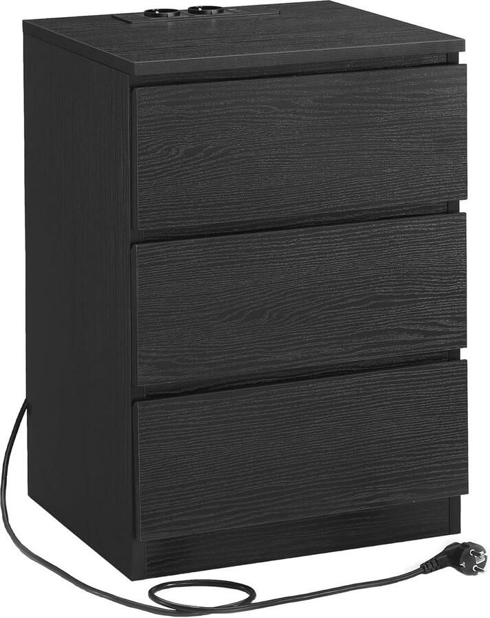 Moderne Nachtkastje met Laadstation 3 Laden 2 USB-Poorten en 2 AC-Stopcontacten in Ebbenhoutzwart