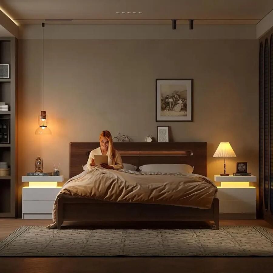 Moderne Nachtkastje met LED Verlichting – 2 Lades – Hoogglans Bedkast – Compact Slaapkamer Meubel