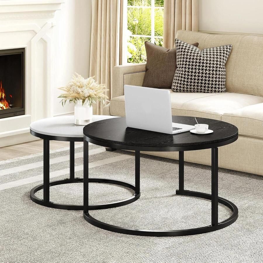 Moderne Nesteltafel zwarte ronde salontafels multifunctioneel 2 stuks zwart hout en metaal