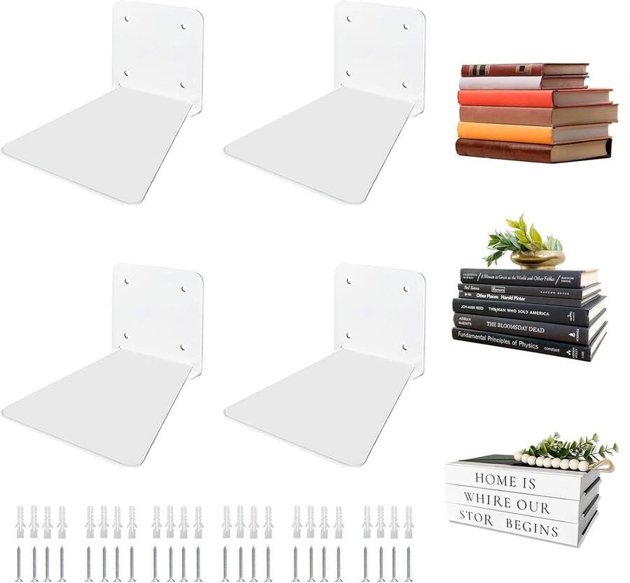 Moderne onzichtbare zwevende boekenkast Wit minimalistisch wandrek voor boeken en decoratie (4 stuks)