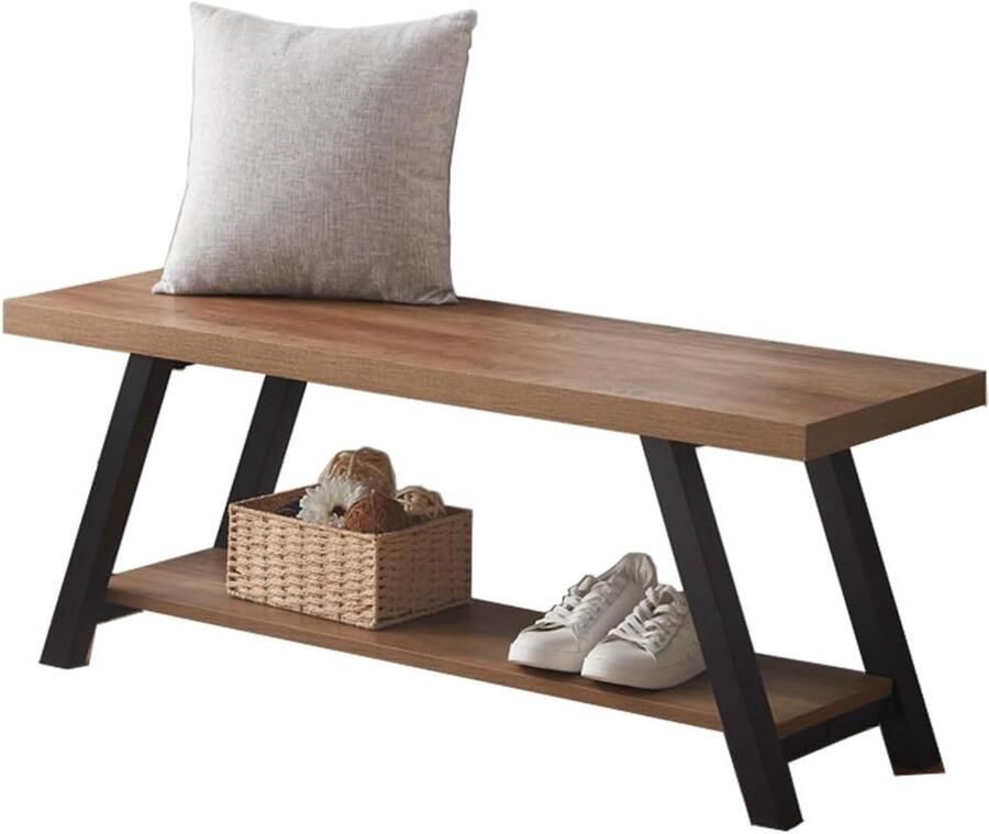 Moderne Opbergbank – 120 cm Zwarte Metalen Bank met Schoenenrek Voor Hal Slaapkamer of Woonkamer