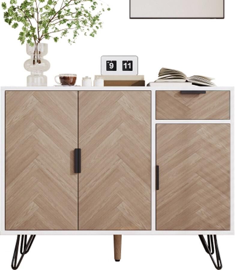 Moderne opbergkast dressoir in wit en houtlook met lade en in hoogte verstelbare planken (90 x 30 x 71 5 cm)