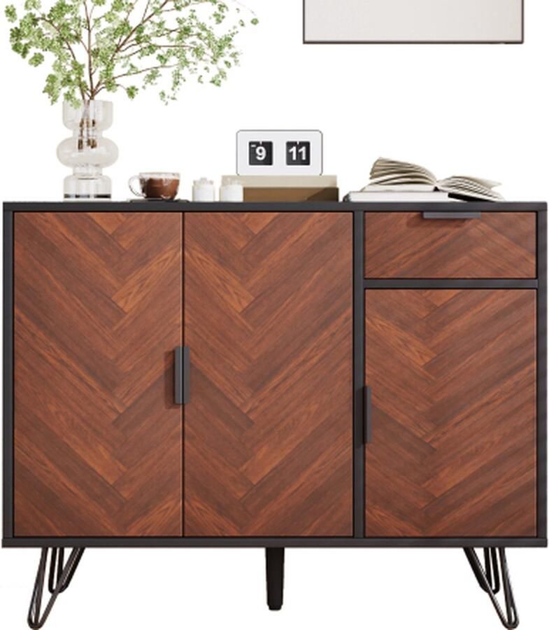 Moderne opbergkast dressoir in zwart en houtlook met lade en in hoogte verstelbare planken (90 x 30 x 71 5 cm)