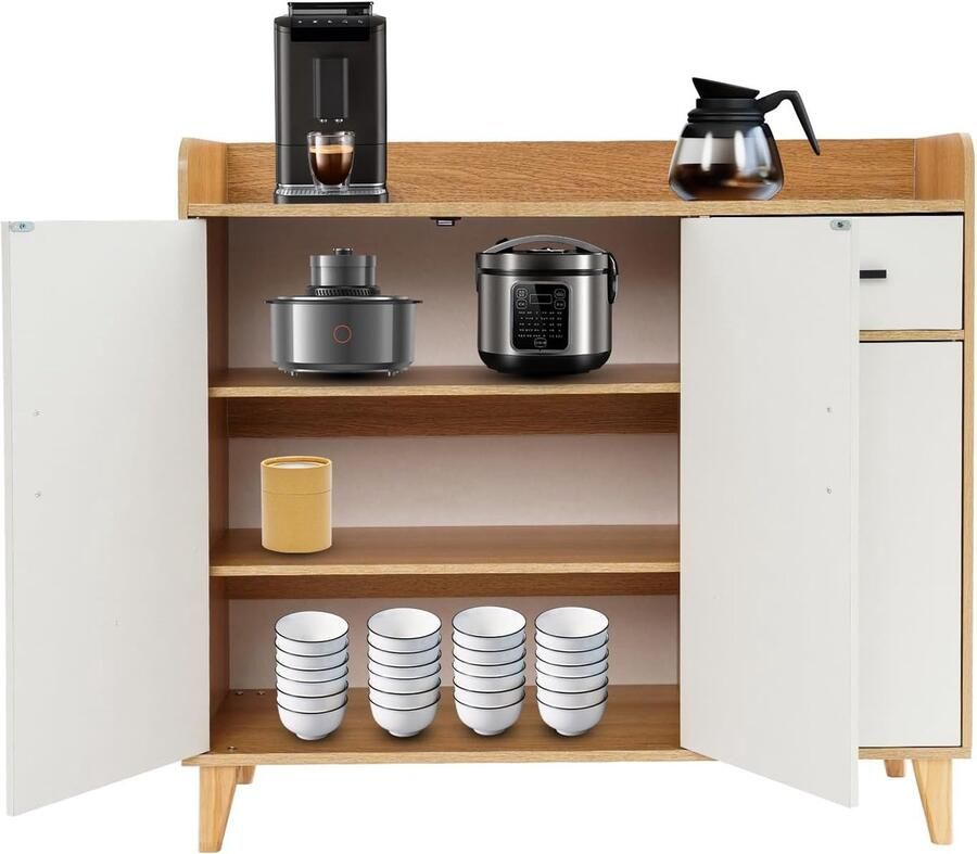 Moderne Opbergkast voor Keuken Eetkamer en Woonkamer Hoogwaardige Keukenbuffetkast met 3 Deuren en Laden Capaciteit tot 60 kg 100 x 34 x 92 cm (Wit)