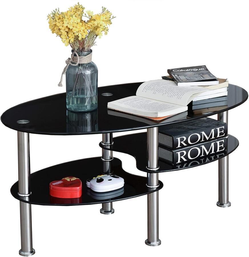 Moderne Ovale Salontafel met 3 Niveaus en Glazen Bladen Perfect voor Woonkamer en Kantoor