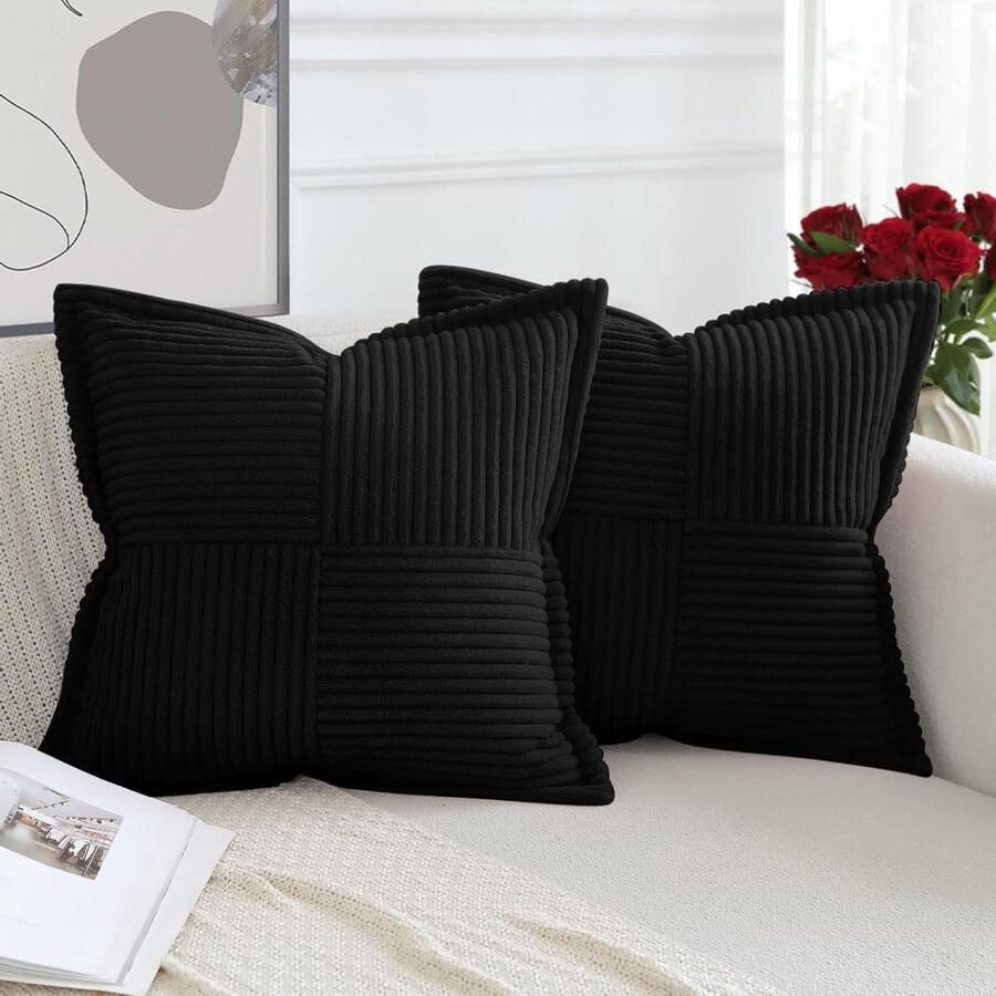 Moderne patchwork Corduroy kussenslopen set van 2 zachte brede decoratieve kussenslopen huisdecoratie bank slaapkamer zwart 60 x 60 cm kussenhoes 60x60