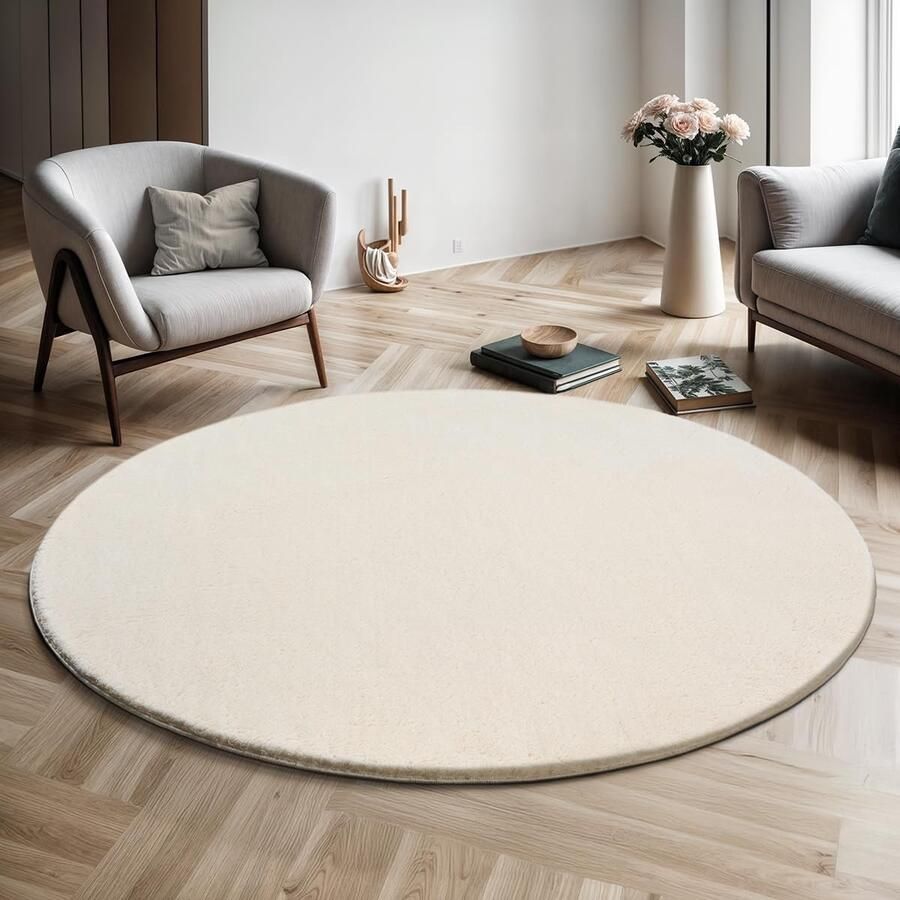 Moderne Pluizige Kortpolige Tapijt Antislip Wasbaar Superzacht Bontlook Crème Rond 120 cm