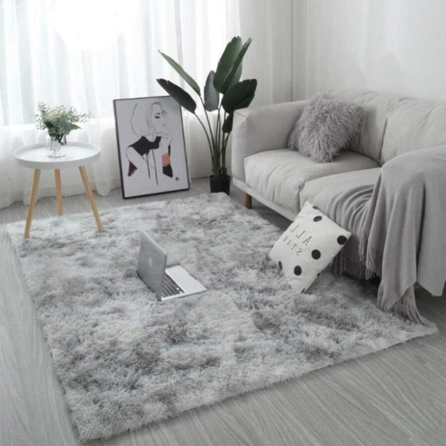 Moderne pluizige shaggy vloerkleed voor woonkamer zacht antislip tapijt slaapkamer-jongenskamer-meisjeskamer-speelkamer woondecoratie grijs-wit 120 x 160 cm