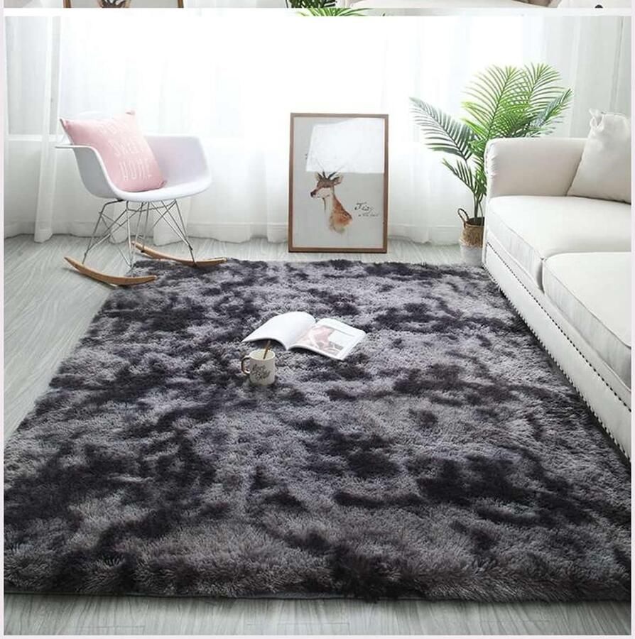 Moderne Pluizige Shaggy Vloerkleed Zacht Antislip Tapijt 140 x 200 cm Zwart Grijs