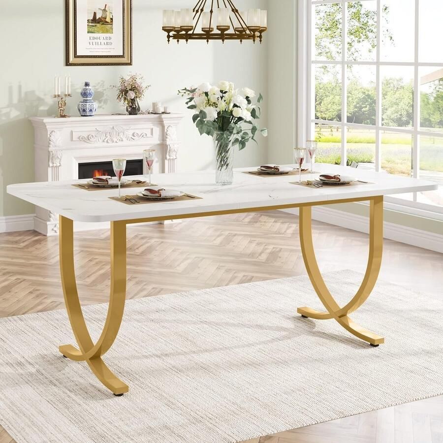 Moderne rechthoekige eettafel voor 4 tot 6 personen 160 cm wit en goud met faux marmeren blad