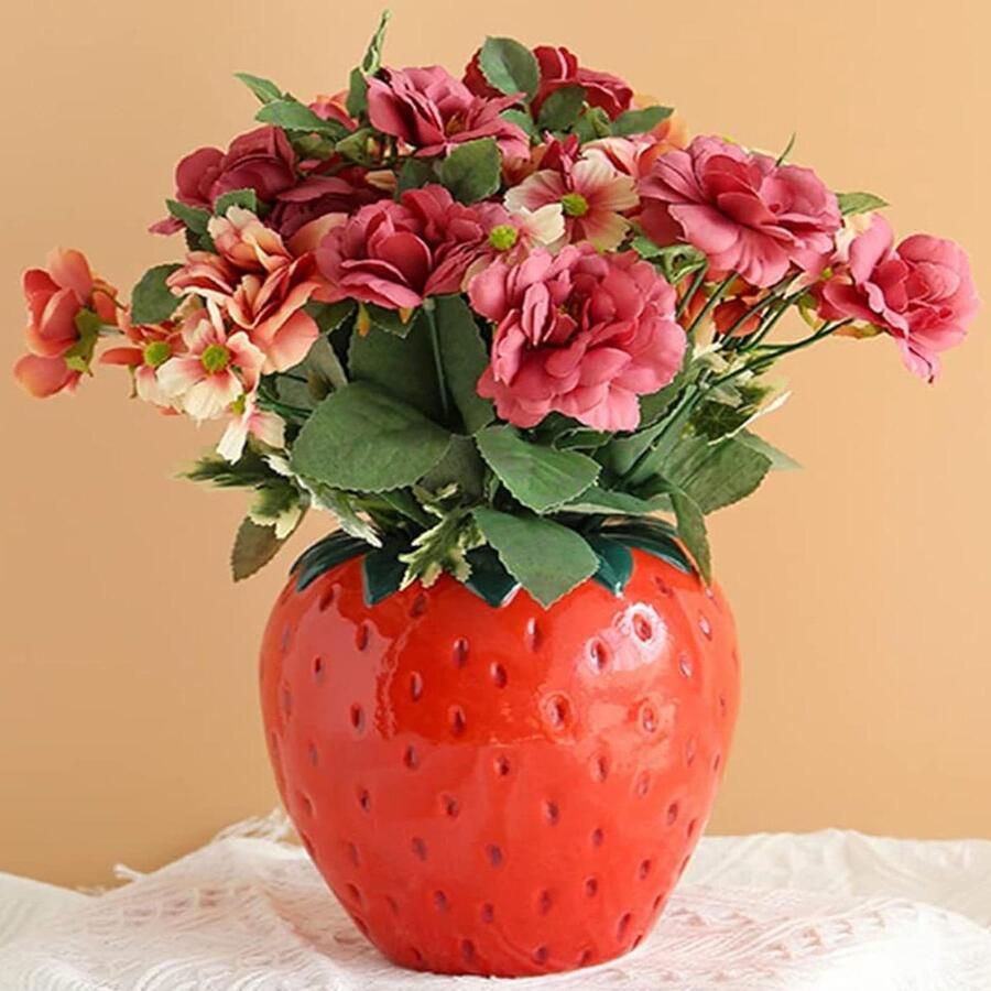 Moderne Rode Keramische Aardbei Vaas voor Pampas Gras en Gedroogde Bloemen Tafel Decoratie 15x15x15 cm