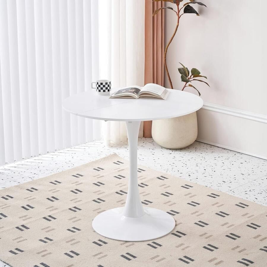 Moderne Ronde Eettafel 80 cm Witte MDF Tafel met Metalen Sokkel voor Keuken en Kleine Ruimtes