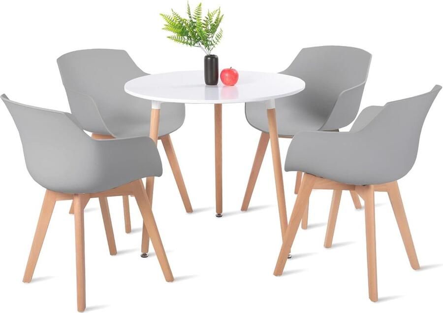 Moderne Ronde Eettafel met 4 Grijze Scandinavische Stoelen voor Keuken en Tuin - Foto 2