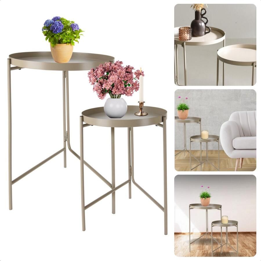 Cheqo Moderne Ronde Metalen Bijzettafels Salontafel set Ronde Bijzettafels Taupe Tafeltje Bijzet Tafel Inclusief EBOOK