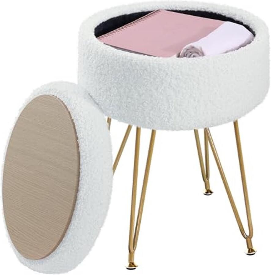 Moderne Ronde Opberg Poef met Faux Teddybont Multifunctionele Voetensteun en Stoel 32 x 32 x 44 cm Crèmewit