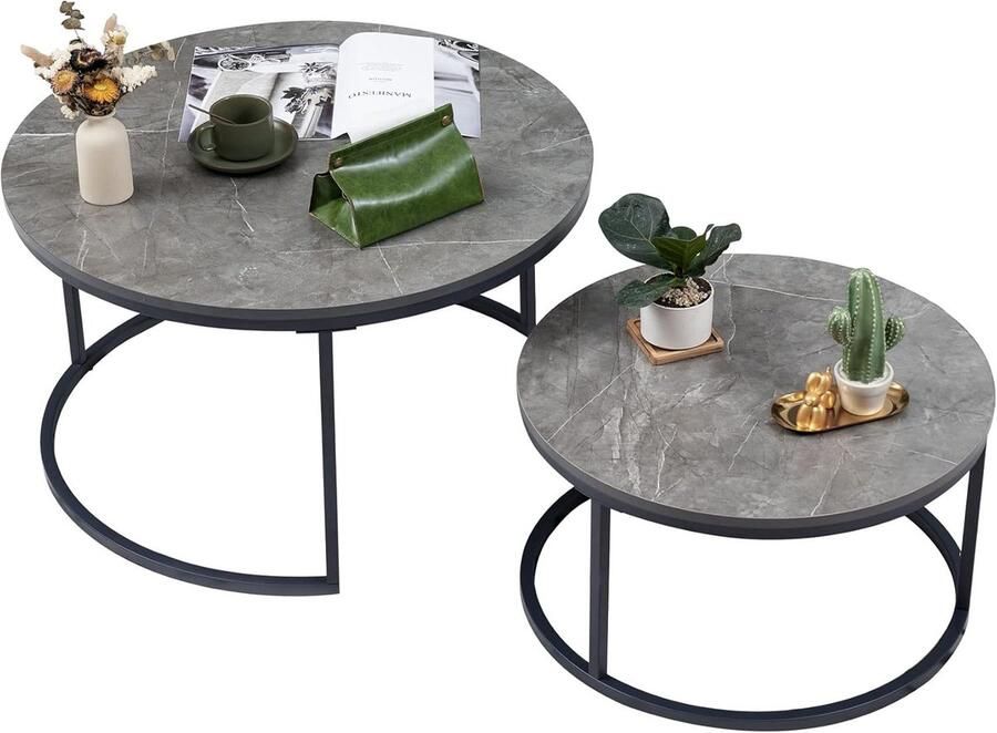 Imperatoris Marmeren Salontafels- Eettafel met Metalen Poten Marmer Look tafel met Marmeren Afwerking Geschikt voor Eetkamers en Woonkamers-Set van 2 ronde tafel donkergrijs