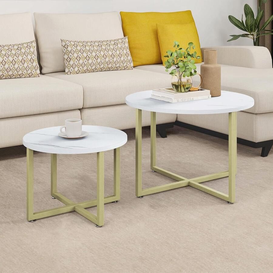Moderne Ronde Salontafel Set van 2 Lichtgewicht en Multifunctioneel Goudkleurig Metalen Frame Ideaal voor Woonkamer en Slaapkamer