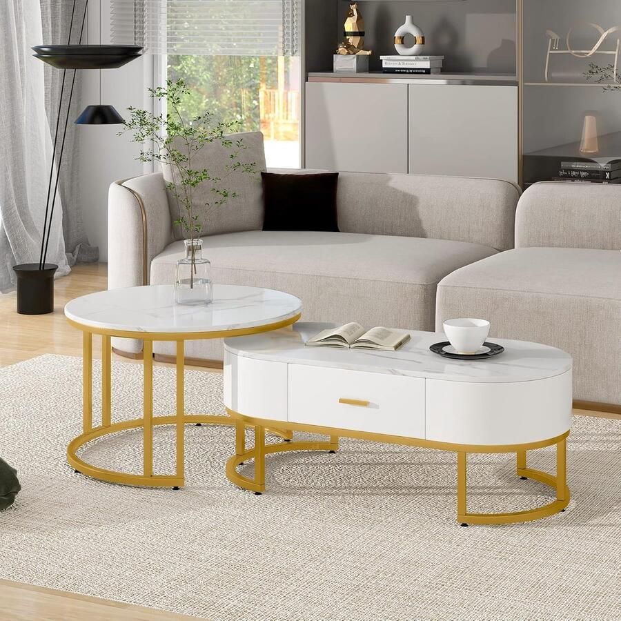 Moderne ronde salontafel set van 2 met gouden metalen frame en leisteen-marmeren textuur