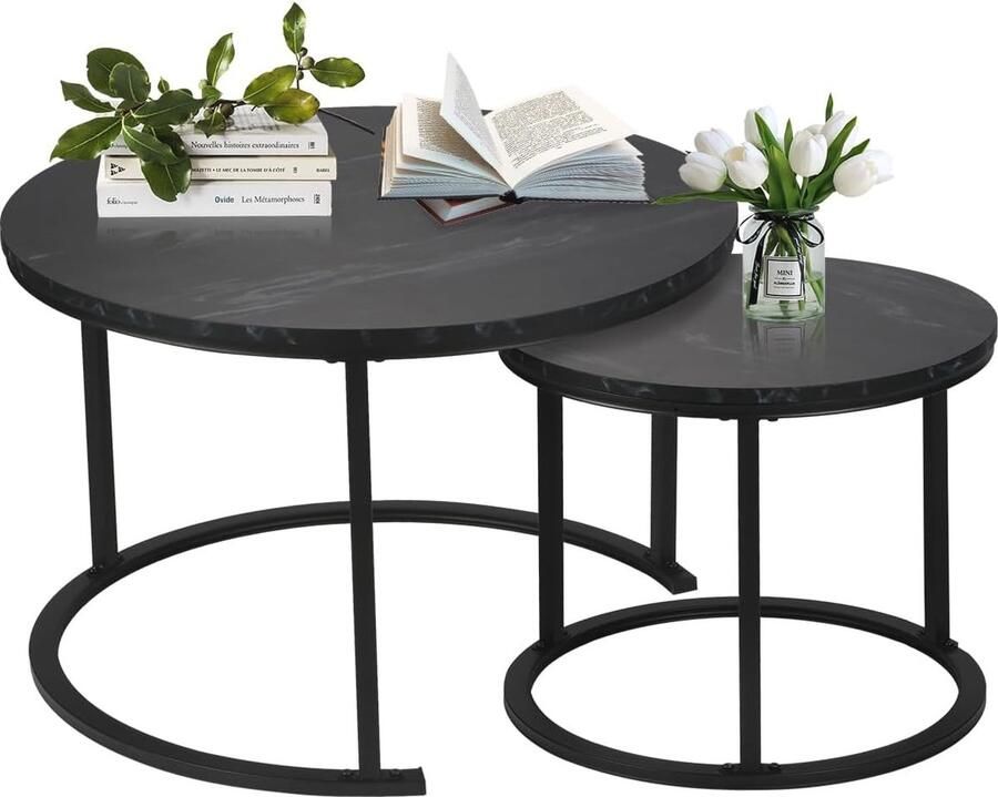 Moderne ronde salontafel set van 2 met marmerpatroon en waterdichte houder